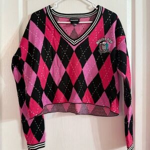 Hot Topic Pink and Black V-Neck Argyle Sweater